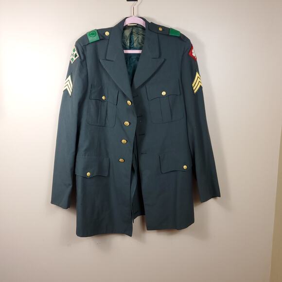 Vintage Military Green Tropical Wool Blend Coat with Patches Size 40XL - Picture 7 of 12